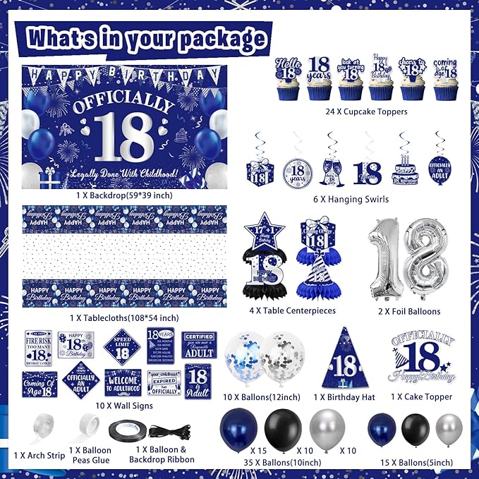 Mpanwen 18th Birthday Decorations for Boys, 113 Pcs Blue Official 18 Year Old Bday Party Decor Supplies for Boy Men with Backdrop, Banner, Tablecloth, Centerpieces, Hanging Swirls, Hat, Wall Signs