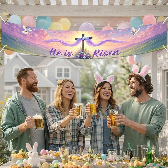 He Is Risen Easter Banner Christian Resurrection Spring Decor 118×20 inch Religious Cross Sunrise Scene Banner for Church Yard Fence Door Wall Indoor Outdoor Easter Display