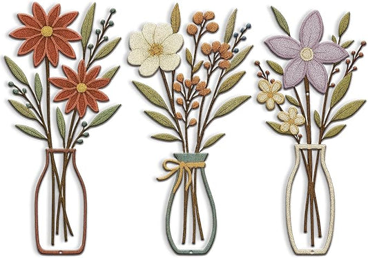 3 Piece Metal Flower Wall Art for Bedroom Living Room Rustic Farmhouse Floral Wall Decor for Bathroom Dining Room Boho Home Decorations Modern Minimalism Walls Hanging Sculptures(Red Purple)