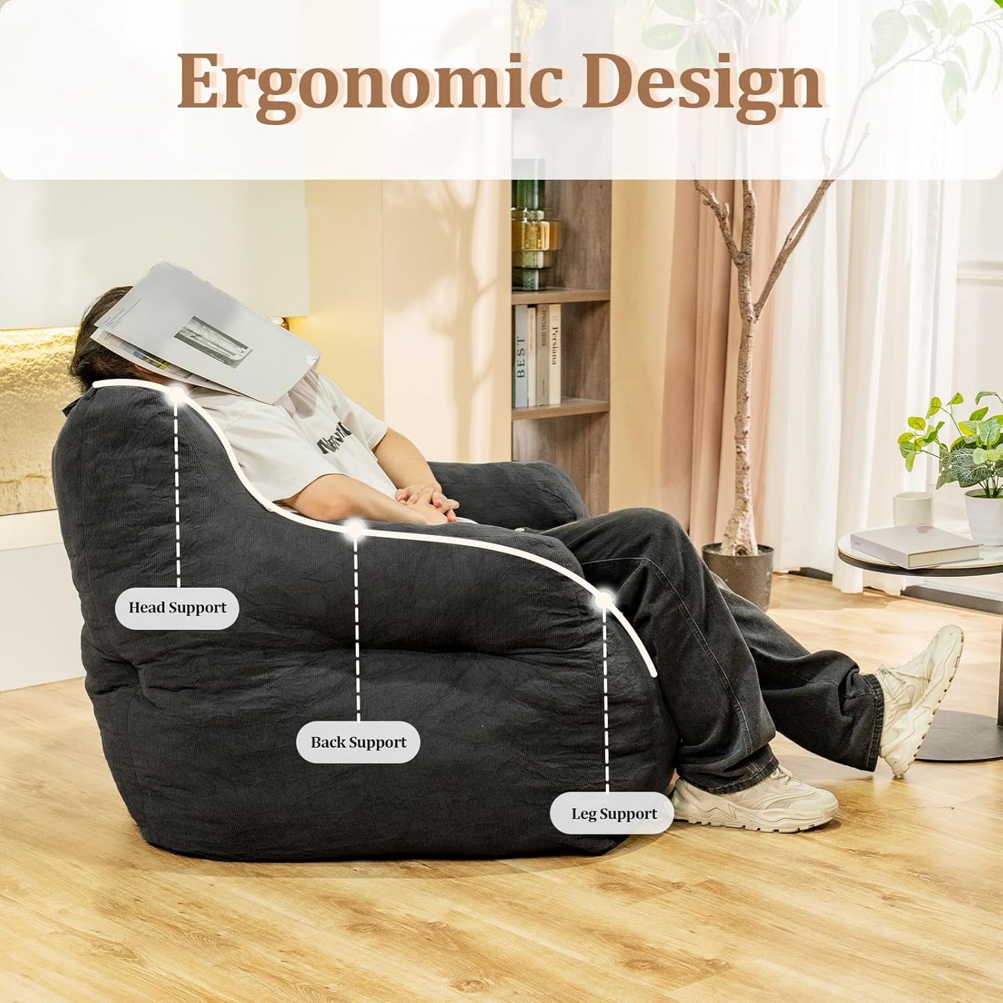 Bean Bag Chair, Bean Bag Chair for Adults, Fluffy and Comfy Bean Bag with Filler, Bean Bag Sofa Chair for Reading, Gaming, Stuffed High-Density Foam, Grey