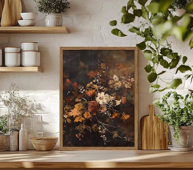 Framed Vintage Floral Wall Art，Gothic Moody Dark Flower Art Prints Painting，Victorian Canvas Fall Otanical Pictures Decor for Living Room Bedroom Diningroom 16x24 inch