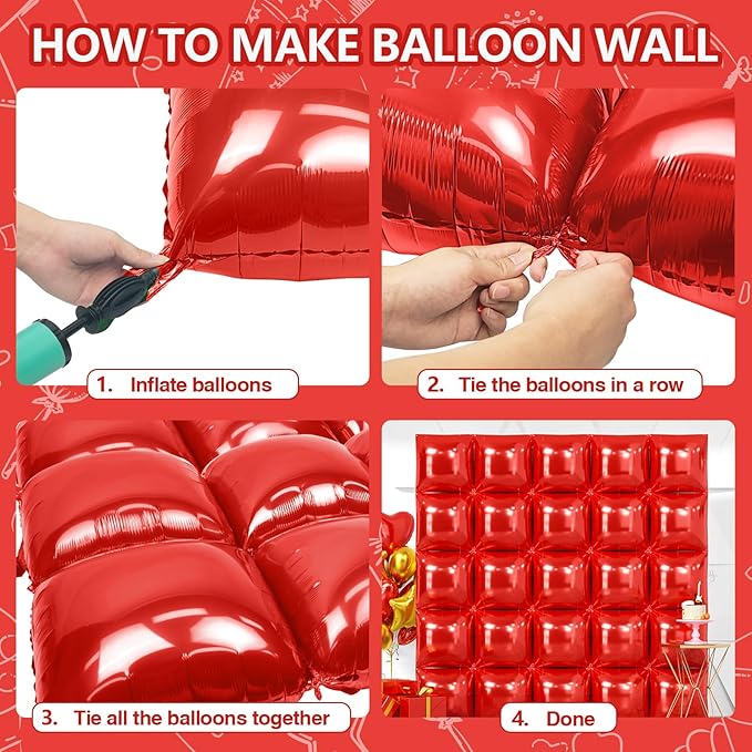 NISOCY 25PCS Red Square Foil Balloons Wall Backdrop Metallic Double Sided Red Christmas Balloon Tunnel Arch Kit for Christmas Birthday Baby Shower Valentine‘s Day Party Decoration