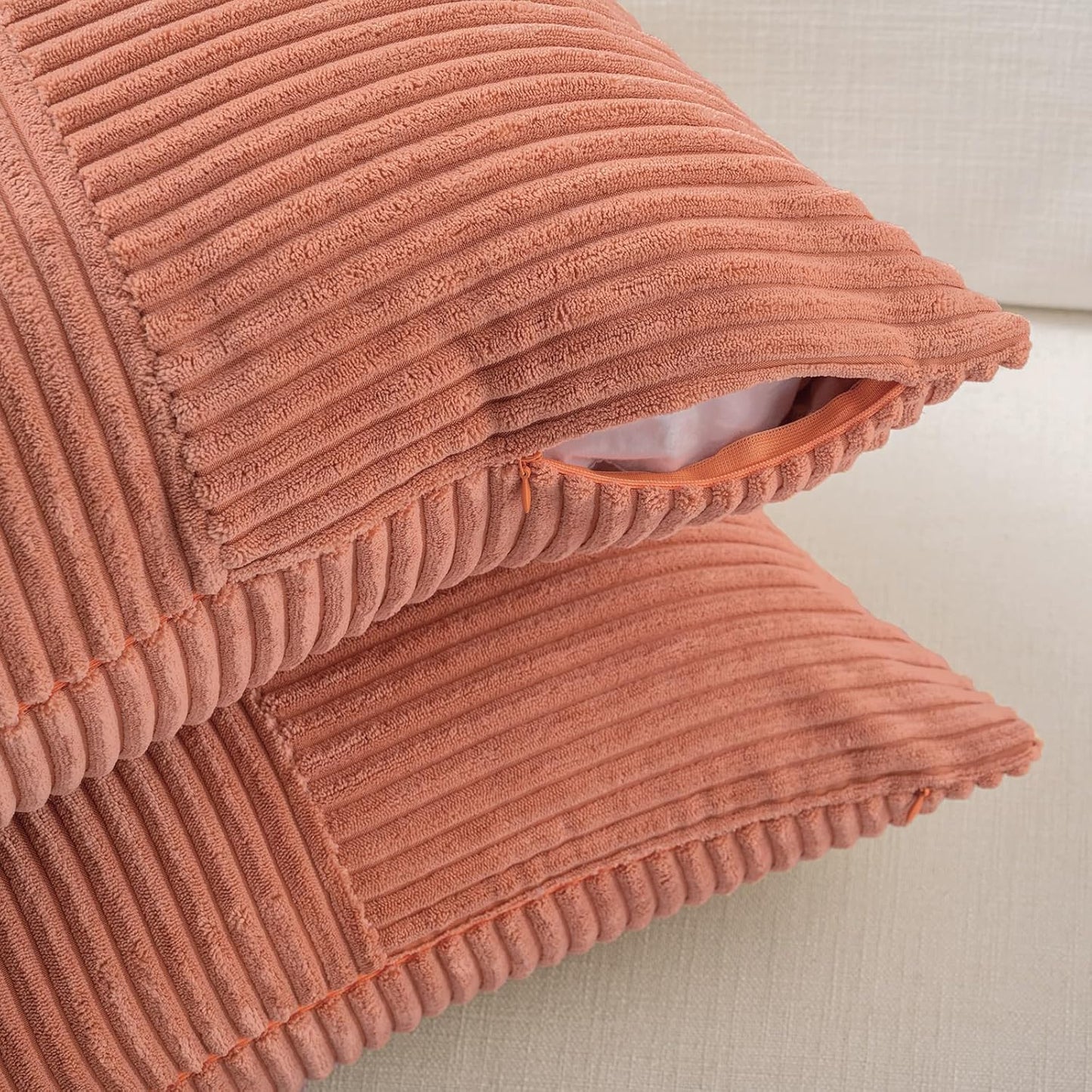 Fancy Homi 2 Packs Coral Decorative Throw Pillow Covers 18x18 Inch for Living Room Couch Bed, Rustic Farmhouse Boho Home Decor, Soft Corss Corduroy Patchwork Textured Peach Cushion Case 45x45 cm