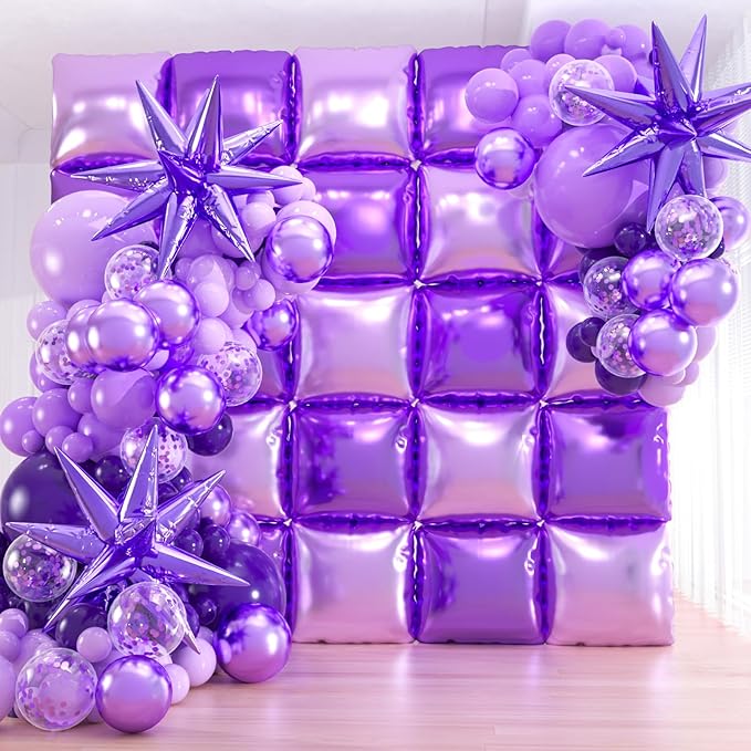 25+149pcs Double-Sided Purple Balloon Wall Kit - 25 Dark/Light Purple Foil Square Balloons 146 Metallic Lavender Purple Latex Balloon Garland & Star Balloons for Wedding, Birthday Backdrop