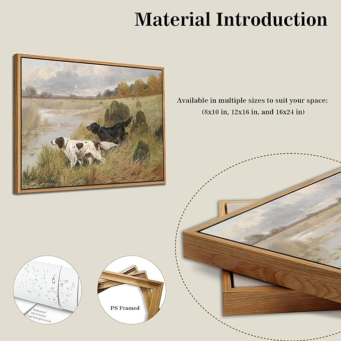 Floating Framed Vintage Hunting Dog Wall Art, Classic Countryside Landscape Canvas Print, English Setter and Gordon Setter Painting, Rustic Farmhouse Wall Decor for Living Room Study Office 16x24 inch