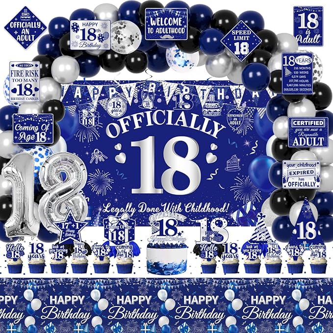 Mpanwen 18th Birthday Decorations for Boys, 113 Pcs Blue Official 18 Year Old Bday Party Decor Supplies for Boy Men with Backdrop, Banner, Tablecloth, Centerpieces, Hanging Swirls, Hat, Wall Signs