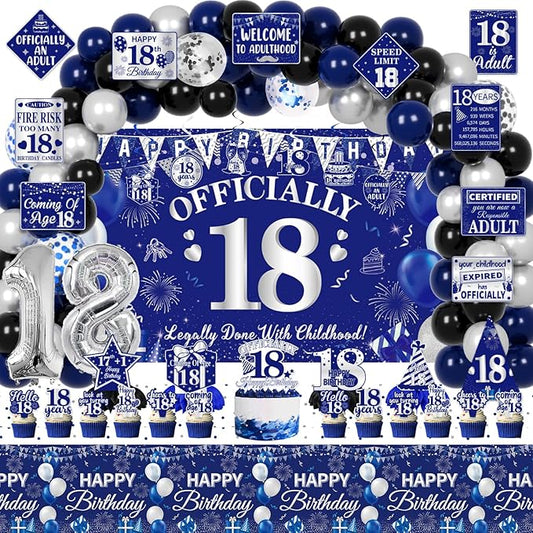 Mpanwen 18th Birthday Decorations for Boys, 113 Pcs Blue Official 18 Year Old Bday Party Decor Supplies for Boy Men with Backdrop, Banner, Tablecloth, Centerpieces, Hanging Swirls, Hat, Wall Signs