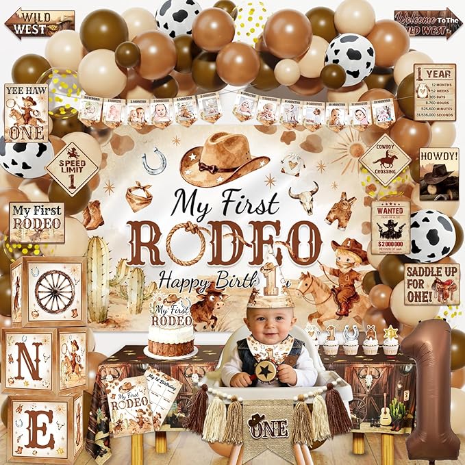 My First Rodeo Birthday Decorations, Wild West Western Cowboy Rodeo 1st Birthday Party Decor Supplies for Boy - Backdrop, High Chair Banner, Bandana, Tablecloth, Poster, Wall Signs, ONE Box