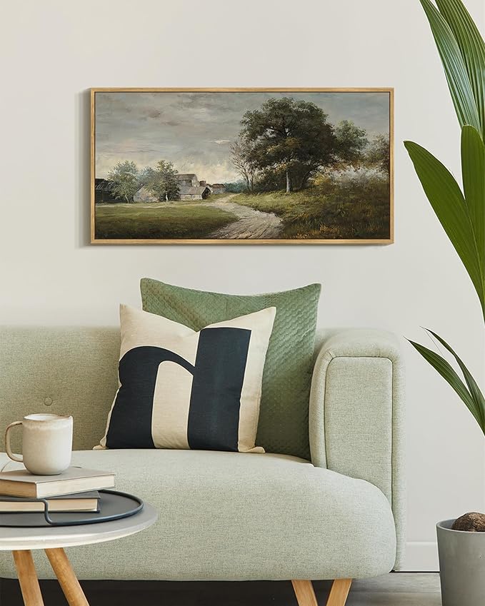 SHENIFY Vintage Landscape Framed Wall Art Rustic Cottage Countryside Farmhouse Decor Retro Painting for Kitchen Bedroom Living Room Bathroom - 8x16in Natural Framed