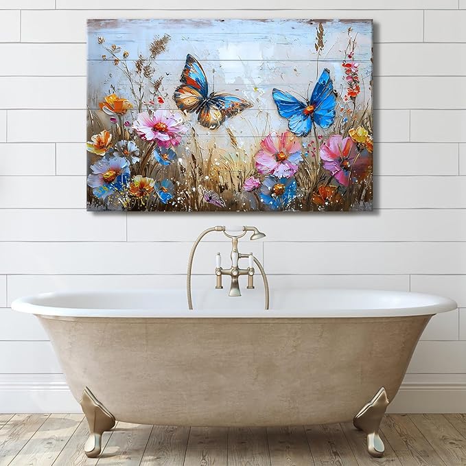 Wildflower Canvas Wall Art Butterfly Wall Decor for Bedroom Colorful Flowers Landscape Pictures Abstract Nature Floral Painting Artwork for Kitchen Living Room Home Decoration 32x48"