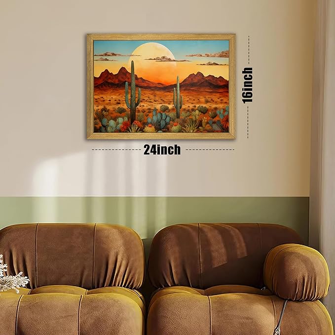 Framed Western Desert Sunset Cactus Wall Art, Vintage Southwest Nature Landscape Canvas Print, Rustic Wall Decor Picture, Boho Mexican Oil Painting for Living Room Bedroom Office bathroom 16x24 Inch