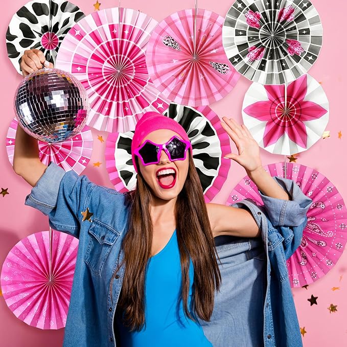 Outus 9 Pcs Disco Cowgirl Party Decorations Paper Fans Western Cowgirl Birthday Decorations Pink Disco Cow Girl Boot Hat Hanging Ceiling Decor for Last Rodeo Cow Girls Bachelorette Party Supplies