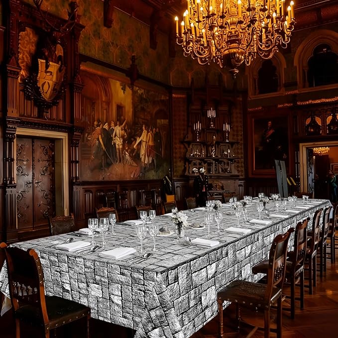 party greeting Stone Wall Tablecloth Roll 200FT x 51 Inch Disposable Brick Stone Plastic Table Covers Roll Castle Wall Backdrop for Halloween Western Birthday Medieval Party Decoration Favors Supplies
