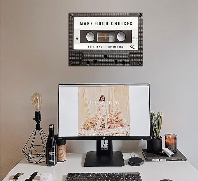 Inspirational Office Canvas Wall Art Picture Vintage Cassett Tape Prints Make Good Choices Life Has No Rewind Inspiring Artwork Motivational Wall Decor for Office Bedroom Living Room 24x36in Framed