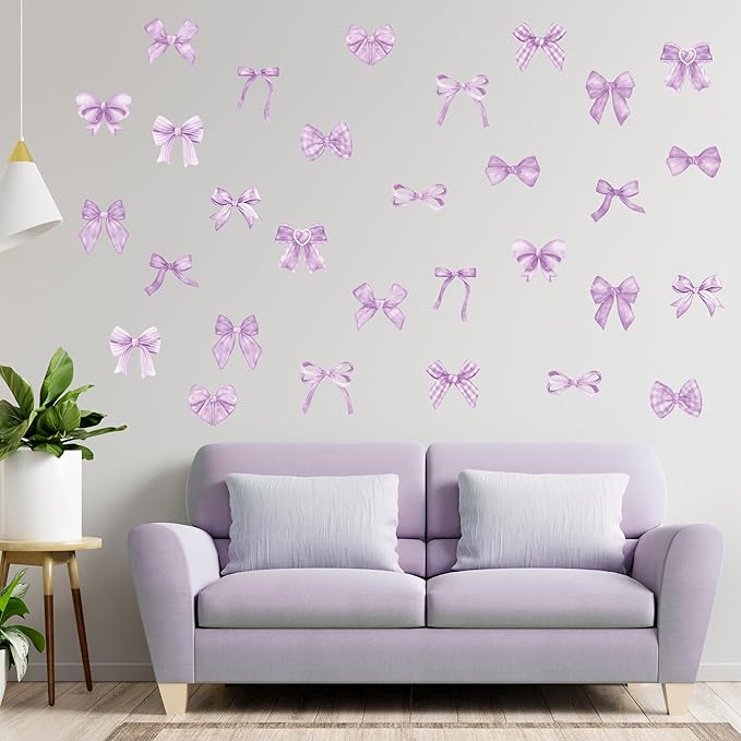 A1diee Purple Bow Wall Stickers - 60Pcs Trendy Light Purple Watercolor Coquette Aesthetic Wall Stickers Bow Knot Baby Room Decor Vinyl Decals Art Wallpaper for Boys Girls Bedroom Kindergarten Nursery