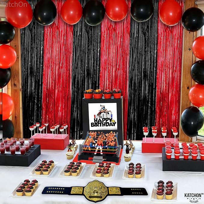 KatchOn Red and Black Fringe Curtain - 6.4x8 Ft Pack of 2 | Red and Black Streamers for Casino Theme Party Decorations | Foil Fringe for Anniversary, Bachelorette | Graduation Decorations 2026