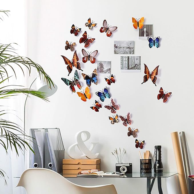24pcs 3D Vivid Special Man-Made Lively Butterfly Wall Stickers Removable Butterflies Wall Decals 3D Nursery Art Decor for Kids Girls Bedroom Living Room Classroom Party Decoration Brown