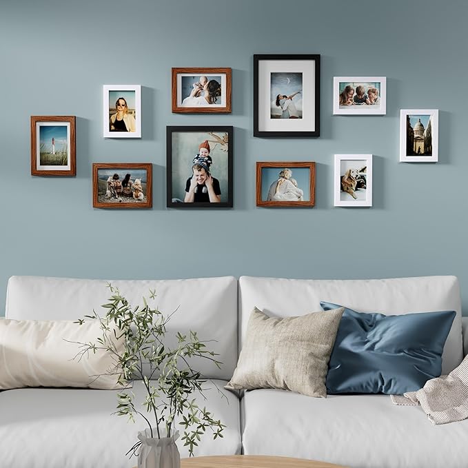 Vittanly 10 Pack Picture Frames, Picture Frames Collage Wall Decor with Two 8x10, Four 5x7 and Four 4x6 Photo Frames, Gallery Wall Frame Set for Wall or Tabletop Display, Black, Walnut Brown and White