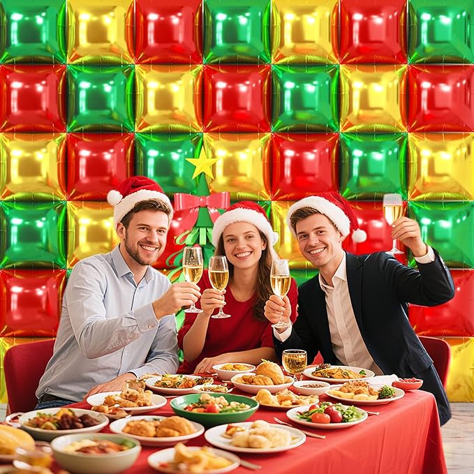 NISOCY 48PCS Red Green Gold Square Foil Balloons Wall Backdrop Double Sided Red Green Gold Balloons Arch Kit for Birthday Christmas New Year’s Graduation Anniversary Wedding Party Decorations