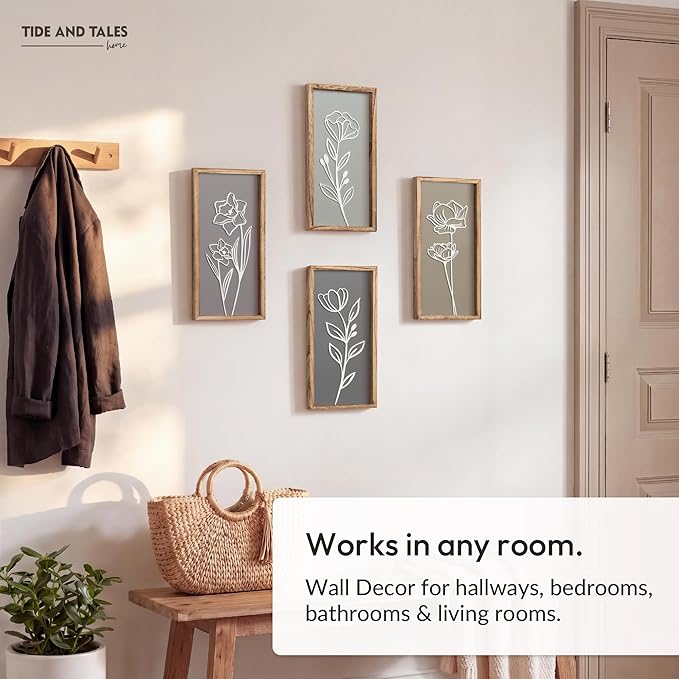 3D Wooden Floral Bathroom Wall Decor (Set of 4) Lightweight, Ready-to-Hang Framed Wall Art For Living Room, Bedroom, or Office - Premium Boho Botanical Farmhouse Decorations - Gift-Boxed