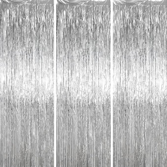 3.3 x 6.6 ft Foil Fringe Backdrop Curtains, Tinsel Streamers Party Decorations, Fringe Backdrop for Birthday, Baby Shower, Gender Reveal, Graduation (3, Silver)