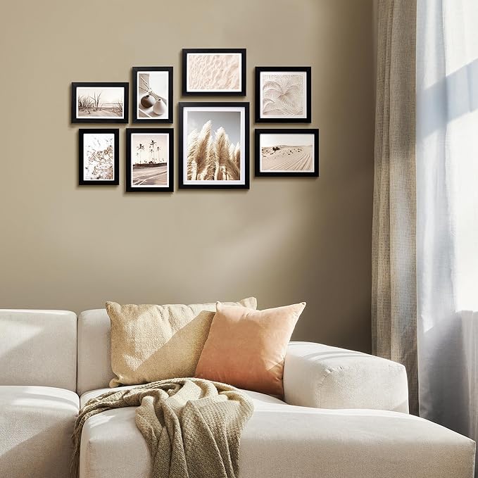 ArtbyHannah Gallery Wall Frame Set, 8 Pack Picture Frames Collage Wall Art Decor with Neutral Pampas Grass for Bedroom, Assorted Size Including 8"x10", 5"x7", 4"x6", 6"x6"(Black Frame,Small)