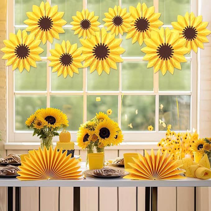 Containlol 12 Pcs Paper Flowers Decorations for Wall Sunflower Daisy Paper Fans Classroom Decoration 3D Floral Hanging Fans for Birthday Wedding Baby Shower Spring Decor(Yellow,Sunflower)