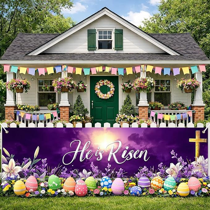 He Is Risen Easter Banner Christian Resurrection Spring Decor 78 x 17 Inch Religious Purple Cross Flower Scene Banner for Church Yard Fence Door Wall Indoor Outdoor Easter Display
