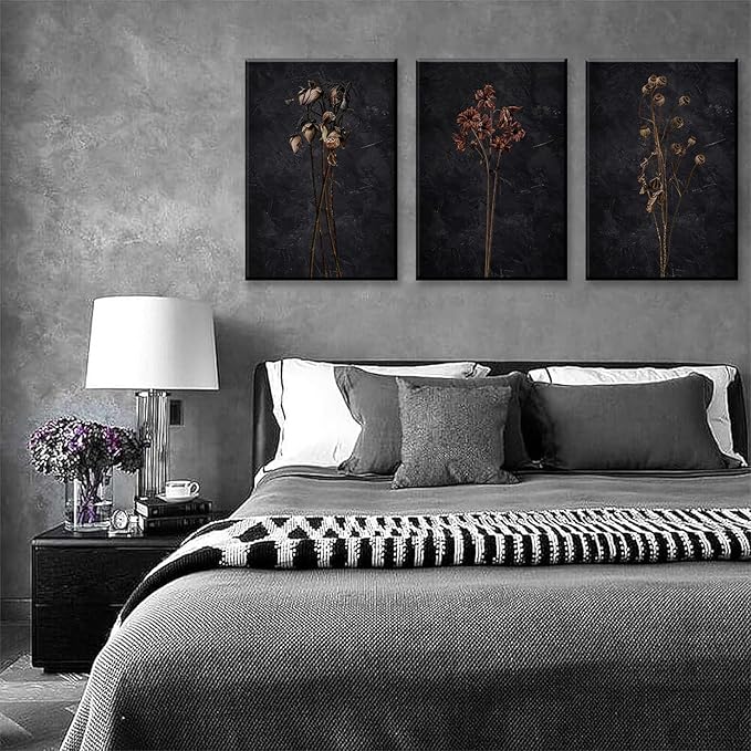 LYPHNX Framed Dark Moody Wildflowers Canvas Wall Art Black Vintage Dried Floral Wilderness Botanical Painting Poster Set of 3 Nature Prints Picture Wall decor for Living Room Bedroom Office 12"x16"
