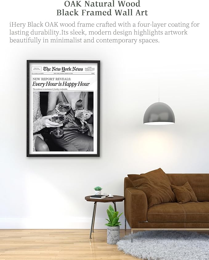 iHery Premium 12x16in Natural Black OAK Wood Trendy Every Hour is Happy Hour Framed Wall Art, Retro Aesthetic Posters Canvas Wall Decor For Girly Dorm Bedroom Bathroom Living Room 1Pack