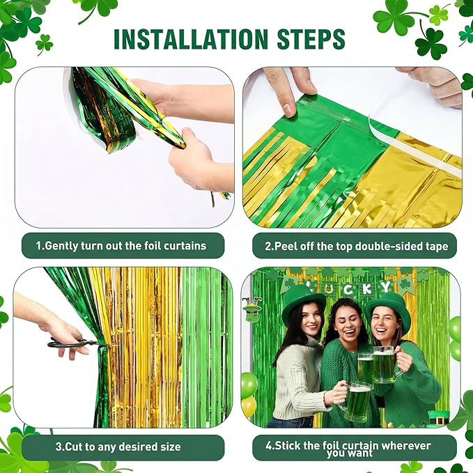 2 Pack St Patrick Party Decorations, Green Party Backdrop Green Gold Light Green Backdrop Curtains, Metallic St.Patrick Fringe Curtains Party Streamer Tinsel Backdrop, St Patrick Party Supplies