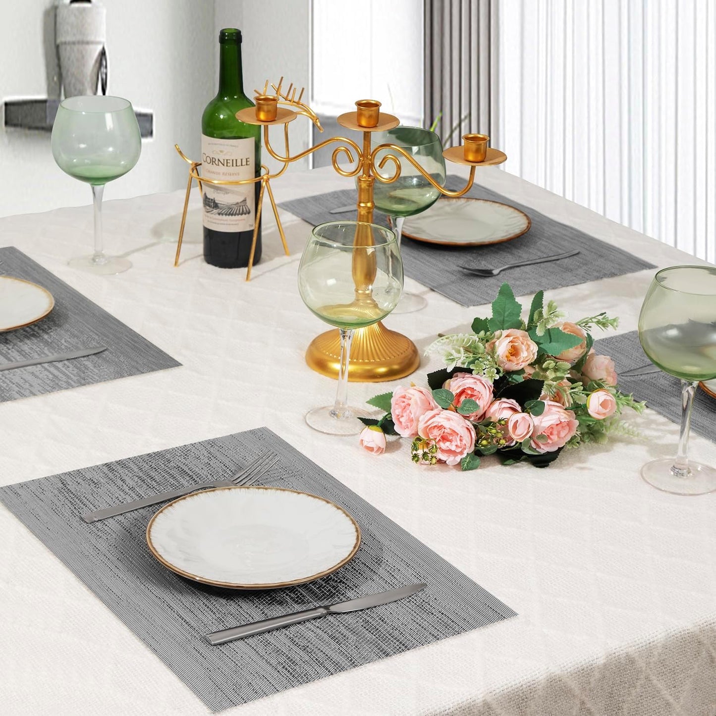 Leetaltree Grey Placemats, Heat Resistant Non-Slip Place mats for Dining Table, Washable Durable PVC Vinyl Woven Table Mats (Set of 20)