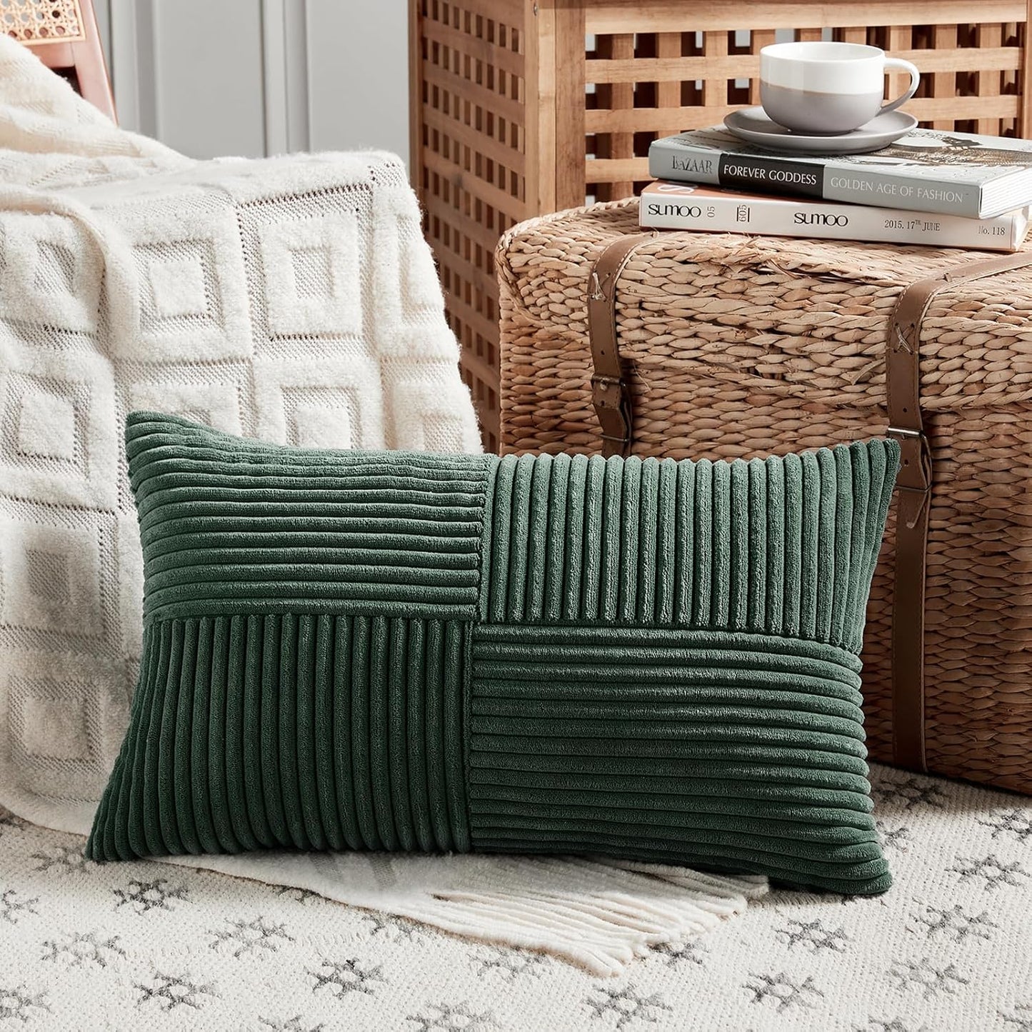 Fancy Homi Set of 2 Dark Green Long Lumbar Decorative Throw Pillow Covers 14x24 Inch for Living Room Couch Bed, Boho Farmhouse Forest Green Home Decor, Soft Corduroy Corss Textured Cushion Case