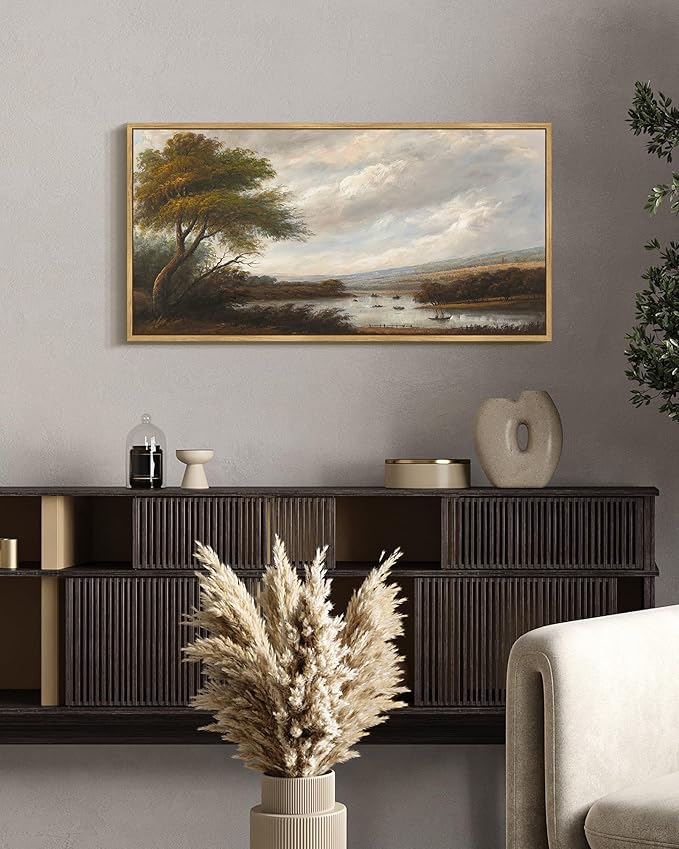 SHENIFY Vintage Landscape Framed Wall Art Riverside Scenery Farmhouse Decor Retro Boat Travel Painting for Kitchen Bedroom Living Room Bathroom - 8x16in Natural Framed