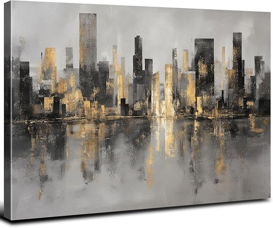 Abstract New York City Wall Art NYC Skyline Wall Decor for Living Room Black and Gold Cityscape Canvas Prints Morden Minimalist Aesthetic Posters Artwork for Bedroom Office Home Decorations 12x16”
