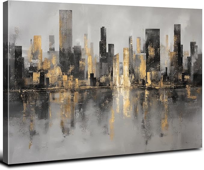 New York City Canvas Wall Art Abstract City Pictures Wall Decor for Living Room Black and Gold NYC Cityscape Prints Paintings Skyline Landscape Artwork for Bedroom Office Home Decorations 16x24"