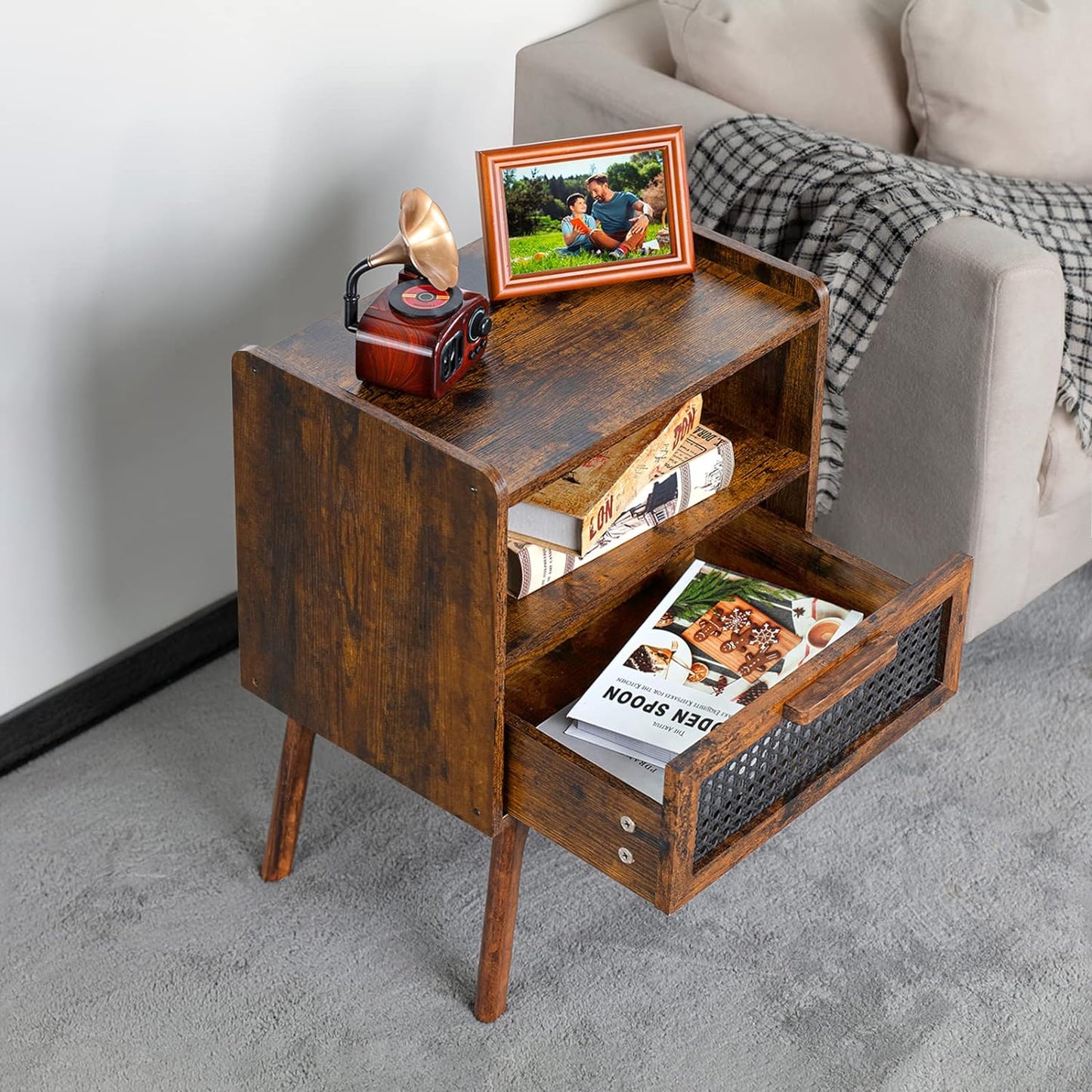 Lerliuo Rattan Nightstands Set of 2, Boho Side Table with Drawer Open Shelf, Cane Accent Bedside End Table with Solid Wood Legs for Bedroom, Dorm and Small Spaces (Brown)