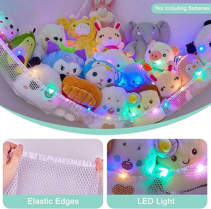 Unicorn Castle Stuffed Animals Net or Hammock Kids Toy Storage Organizer with LED Light Hanging Corner Stuffed Animals Holder Kids Girls Room Decor,White,Large (Pack of 1)