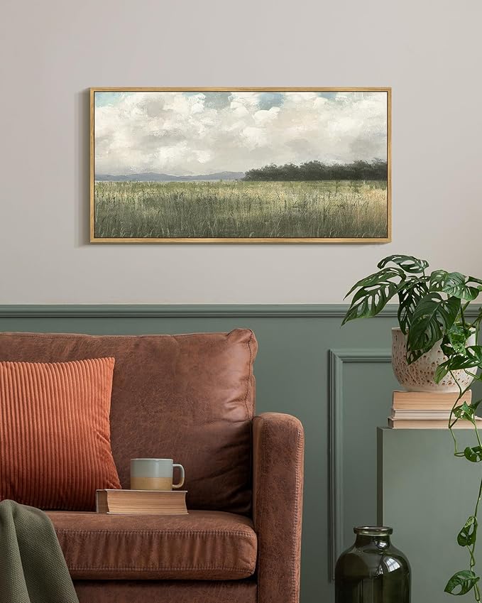 SHENIFY Vintage Landscape Framed Wall Art Country Meadow Scenery Farmhouse Decor Retro Painting for Bedroom Living Room Ready to Hang Wall Artwork - 8x16in Natural Framed