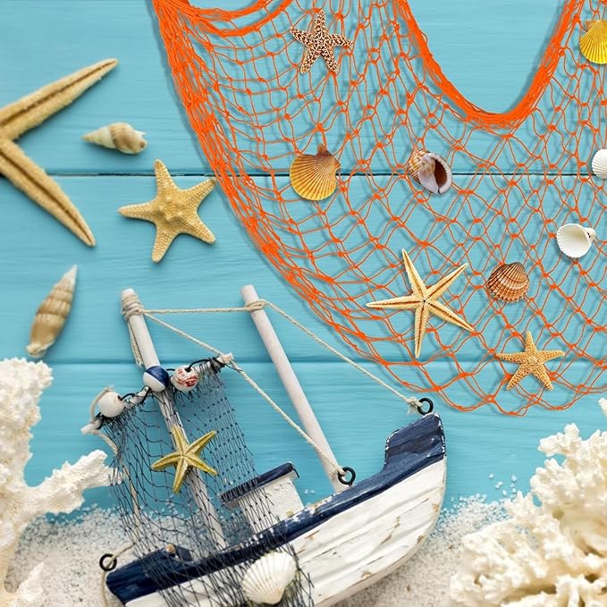 ZUEXT Decorative Fishing Net 80x40 Inch, 2 Pack Large Orange Picture Fish Net, Wall Photo Hanging Fishnet for Nautical Mermaid Pirate Ocean Themed Hawaii Beach Under The Sea Party Decorations