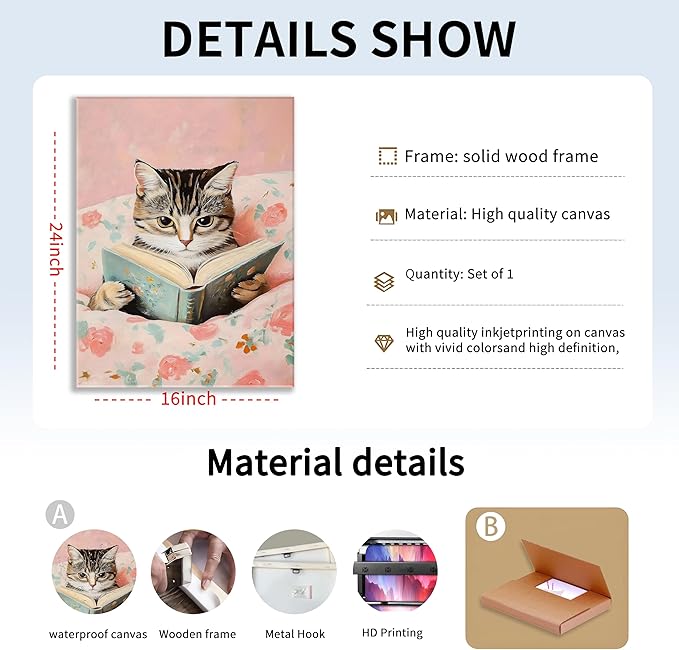 Framed Cats Canvas Wall Art, Funn Tabby Cat Reading Books Picture Wall Decor, Pink Vintage Animal Poster Prints for Girls Room Bedroom Kids Room Living Room Bathroom Decor 16x24 inch