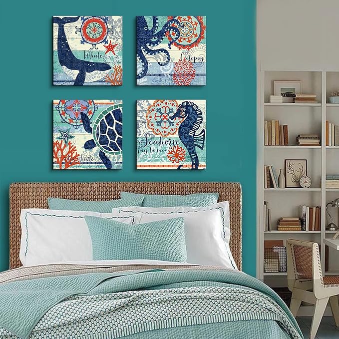 Nautical Wall Art Boho Bathroom Decor Navy Blue Beach Themed Sea Turtle Octopus Whale Canvas Pictures Coastal Artwork Vintage Nautical Ocean Animal Posters Nursery Kitchen Home Decoration 16x16" 4 Pcs