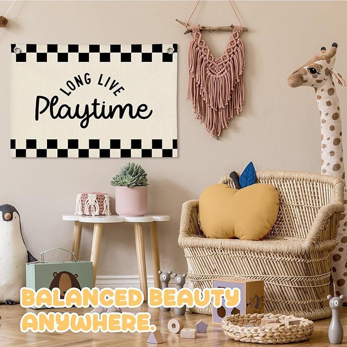 Long Live Playtime Black and White Checkered Boys Room Decor - Linen Banner Wall Hanging Canvas Banner Flag Decor for Toddler Boy Bedroom Nursery Playroom