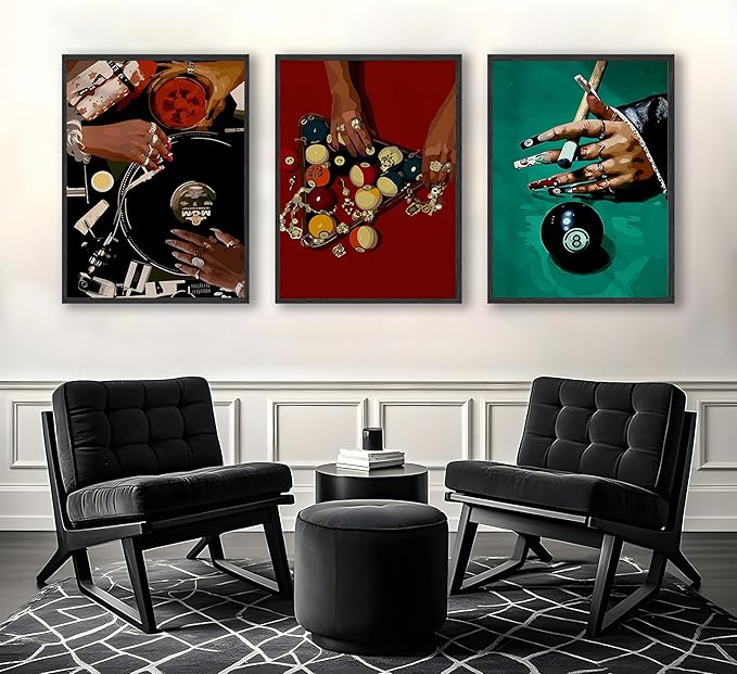 JWDXNOOK 3pcs Fashion Feminine Wall Art Funky Retro Music Wall Decor Fashion Hands Print DJ and Black billiard 8Theme Triptych Paintings Poster for Game Room Bar Living Room Bedroom Decor Unframed