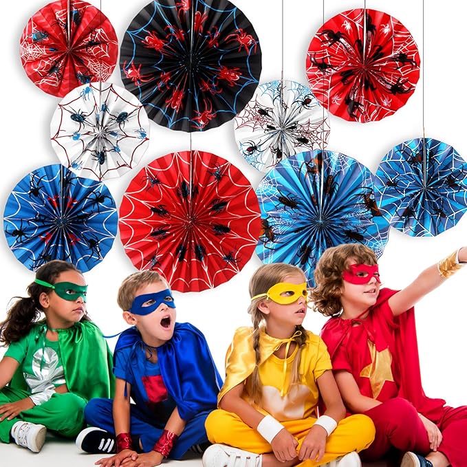 Outus 9 Pcs Spider Web Birthday Party Decorations Spider Paper Fans Party Decorations Red White Blue Black Hanging Ceiling Decor Wall Backdrop Garland Halloween Web Themed Birthday Supplies