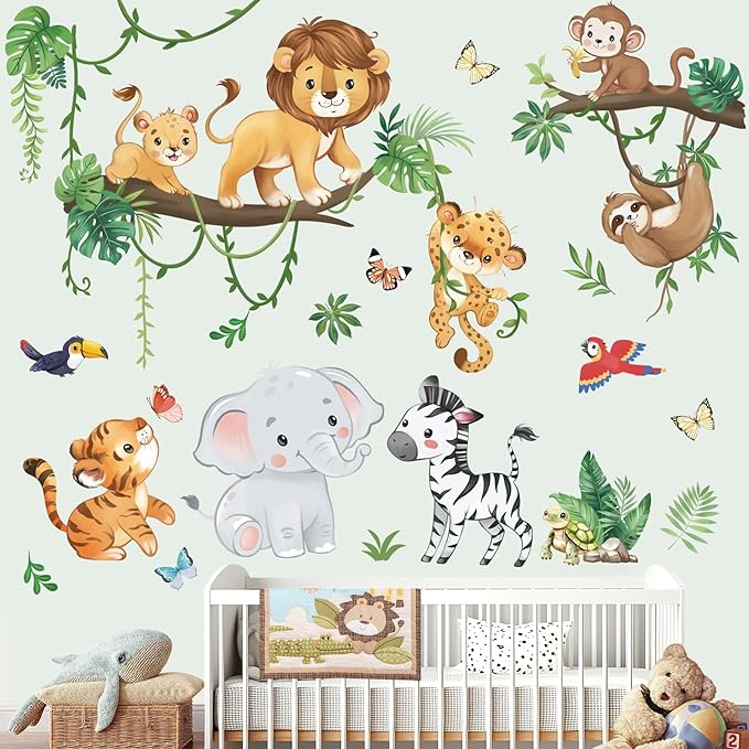wondever Jungle Animals Tree Branch Wall Stickers Safari Lion Elephant Monkey Peel and Stick Wall Art Decals for Baby Nursery Kids Bedroom Living Room