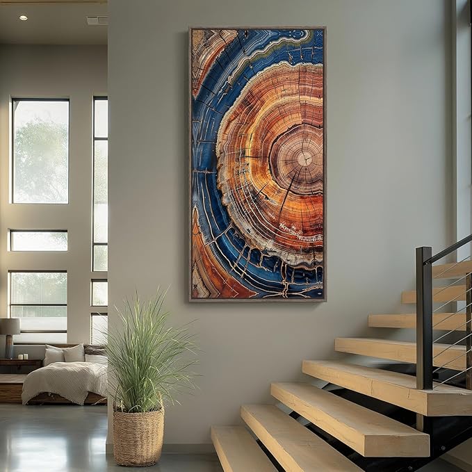 Framed Vertical Colorful Tree Ring Living Room Wall Art, Large Vintage Farmhouse Wood Stump Canvas Artwork for Walls, Rustic Nature Tree Ring Painting Print for Office Kitchen Foyer Stair Wall Decor, 20x40 Inch