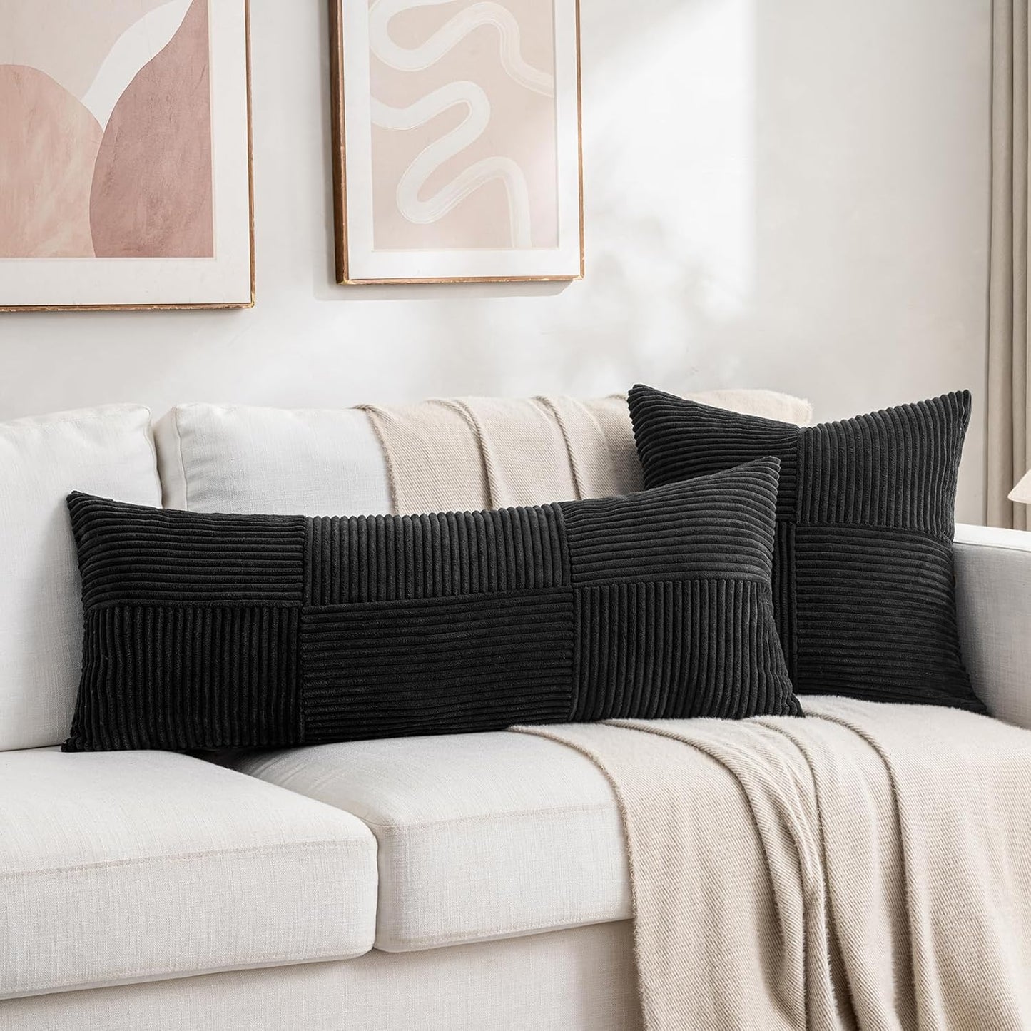 Fancy Homi Set of 2 Black Boho Long Lumbar Body Decorative Throw Pillow Cover 14x36 Inch for Bed Couch Bedroom Bench, Soft Patchwork Corduroy Textured Pillow Case, Rustic Farmhouse Room Décor