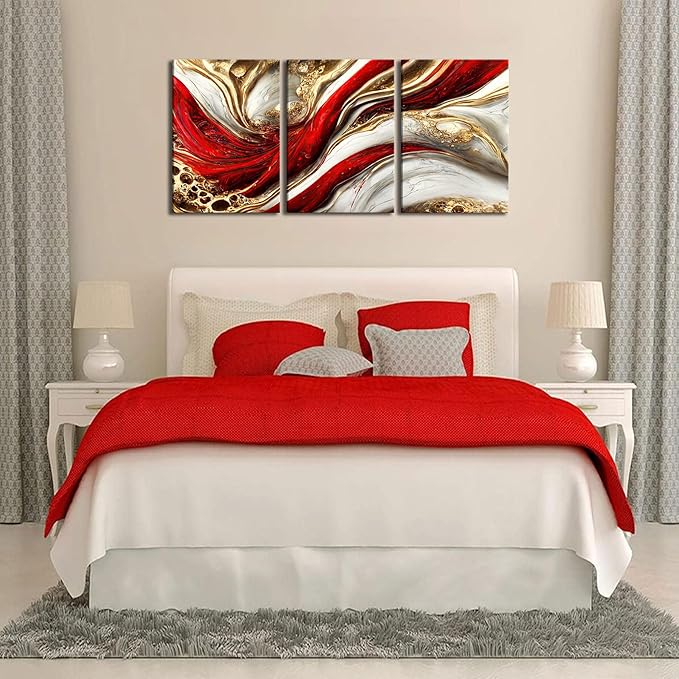 3Pcs Framed Red Gold Canvas Wall Art Abstract Marble Gilt Wall Decor Pictures Modern Red and Gold Paintings Prints Posters for Living Room Bedroom Office Home Decoration, Ready to Hang
