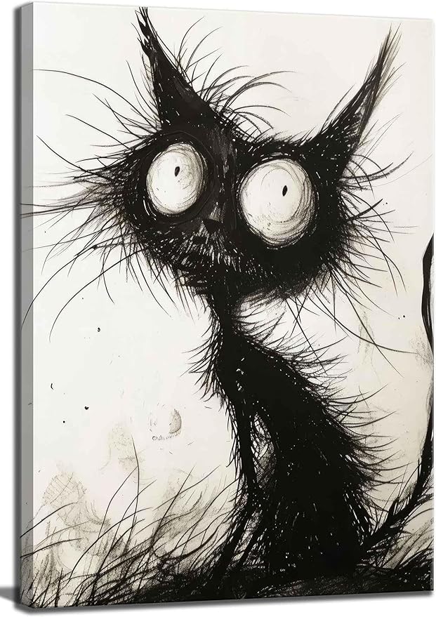 Funny Black Cat Canvas Wall Art Gothic Spooky Feline painting Decor Pictures Halloween Creepy Black And White Art Cat Posters Prints for Cafe Bar Living Room Restaurant Bedroom Decoration